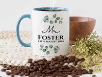 Mr Wedding Date Mug – Personalised Surname and Eucalyptus – Groom Gift, Newlywed Keepsake and Wedding Morning Brew