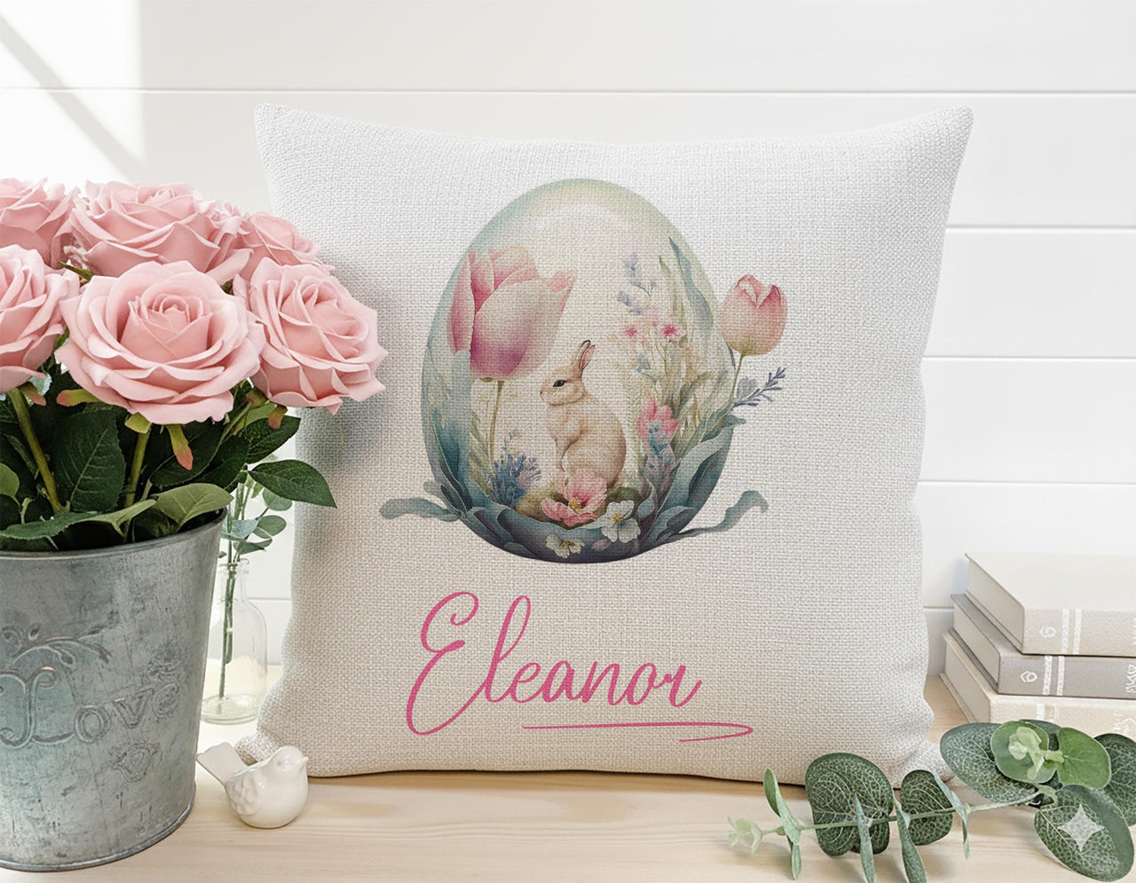 Personalised Easter Rabbit Cushion with Name - Pastel Floral Egg Design for a Sweet Spring Keepsake