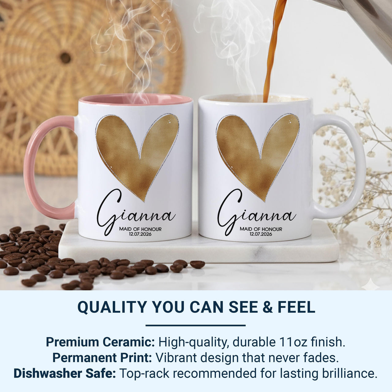Maid of Honour Mug – Personalised Name and Wedding Date – Elegant Gold Heart Bridal Party Thank_You and Morning_of Keepsake