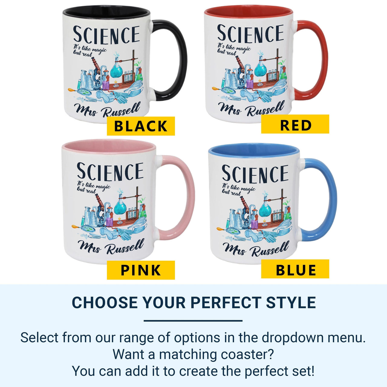 Science: It’s Like Magic but Real - Personalised Teacher Mug with Surname - End of Term, Lab Hero and Subject Thank-You Gift