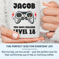 You Have Reached Level 18 Mug - Personalised Gamer Birthday Gift - Custom Name and Age Gaming Design