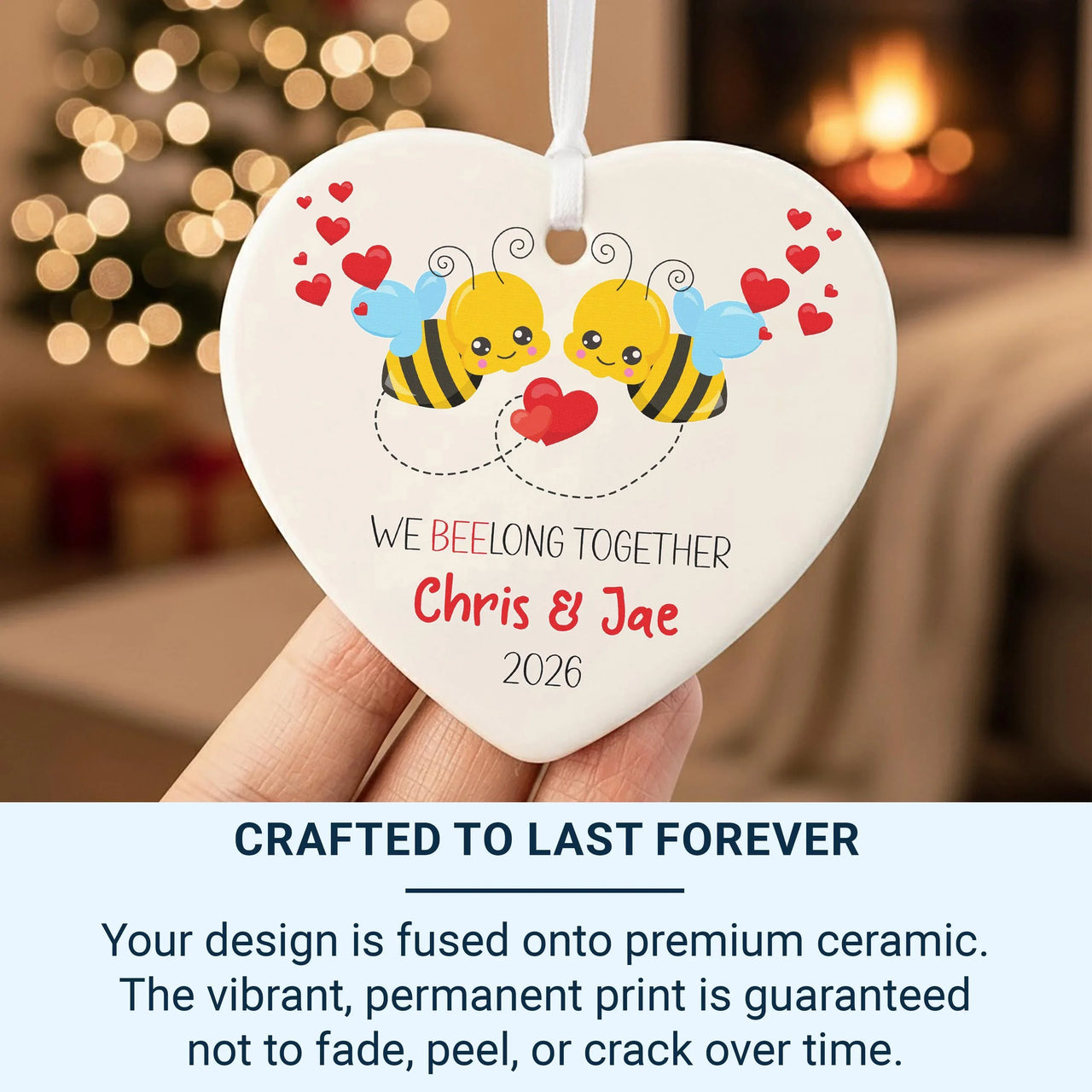 Bumble Bee Ceramic Heart Ornament - Personalised Couple Gift for Anniversary, Christmas or Romantic Present