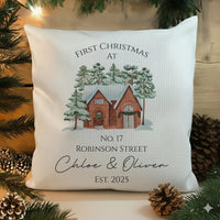 Personalised Christmas Cushion – Snowy House Design | New Home Gift & Holiday Decor