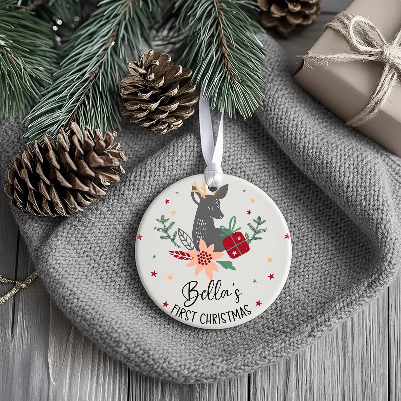 Baby First Christmas Ornament - Deer & Poinsettia Keepsake with Name