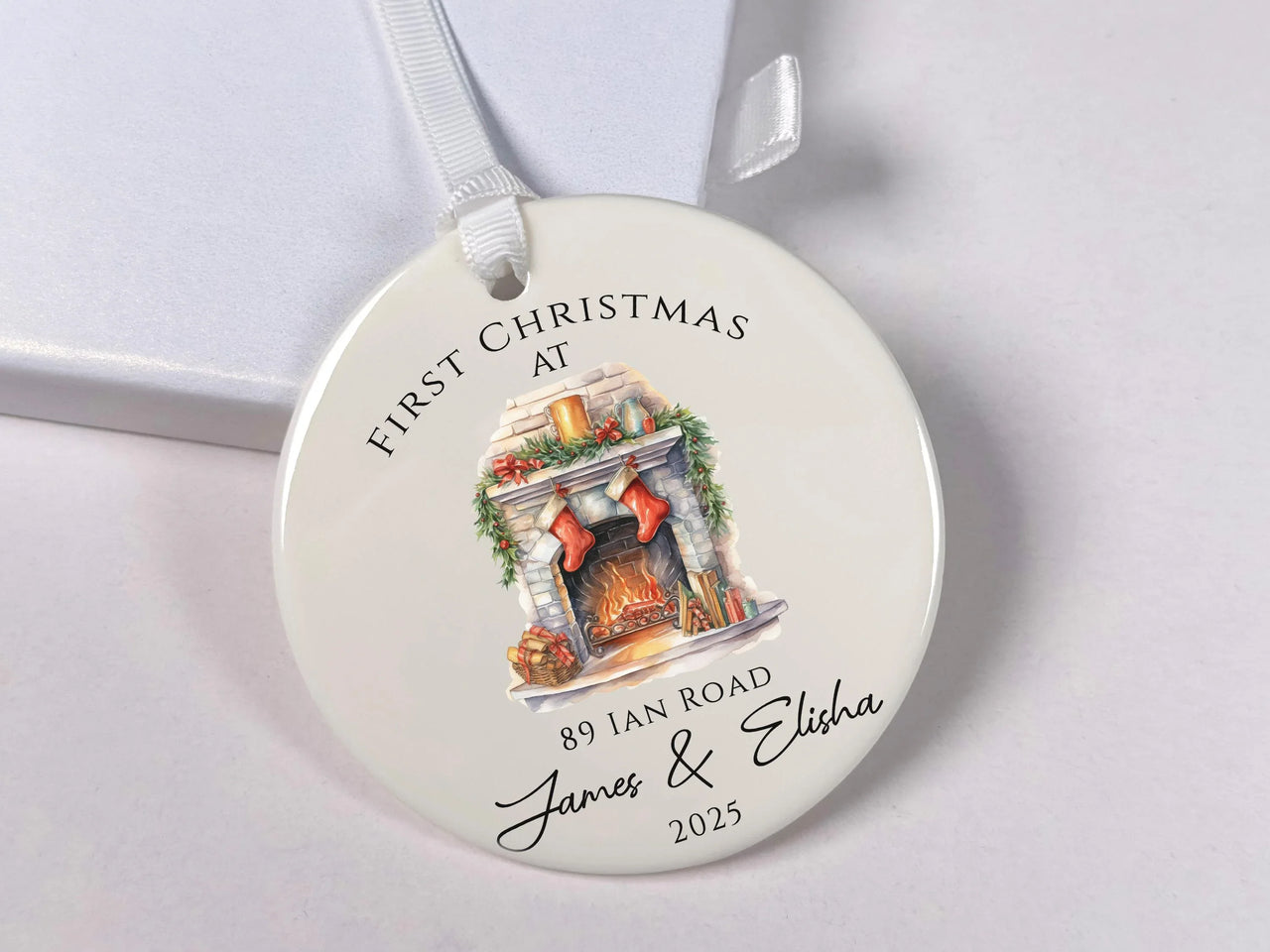 Personalised 2025 New Home Ceramic Ornament with Road Name - First Christmas Decoration, Home Owner Gift, Festive Fireplace Stocking Design