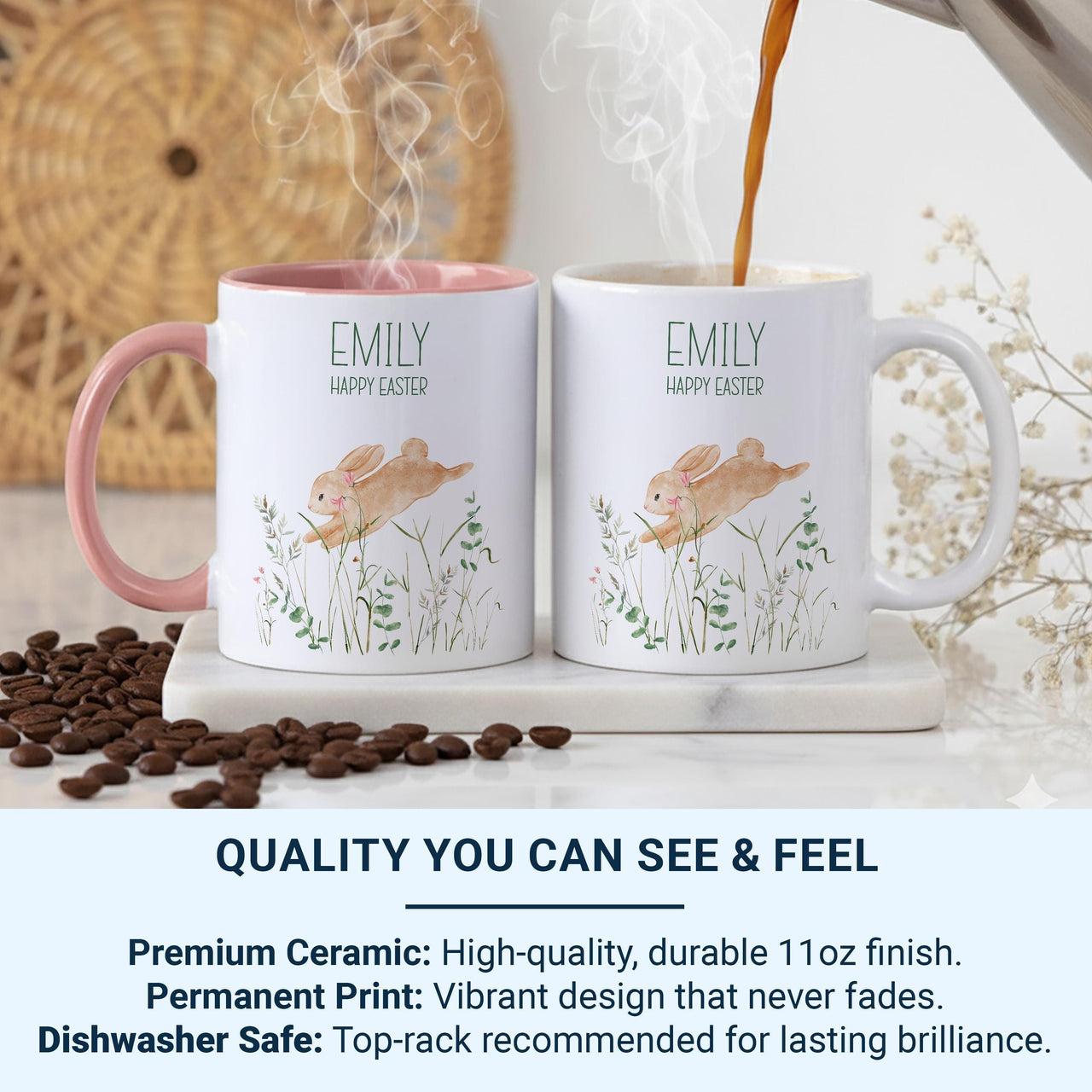 Happy Easter Personalised Name Mug – Watercolour Bunny, Grass and Wildflowers – Spring Basket and Morning Cocoa Gift