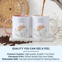 Happy Easter Personalised Name Mug – Watercolour Bunny, Grass and Wildflowers – Spring Basket and Morning Cocoa Gift