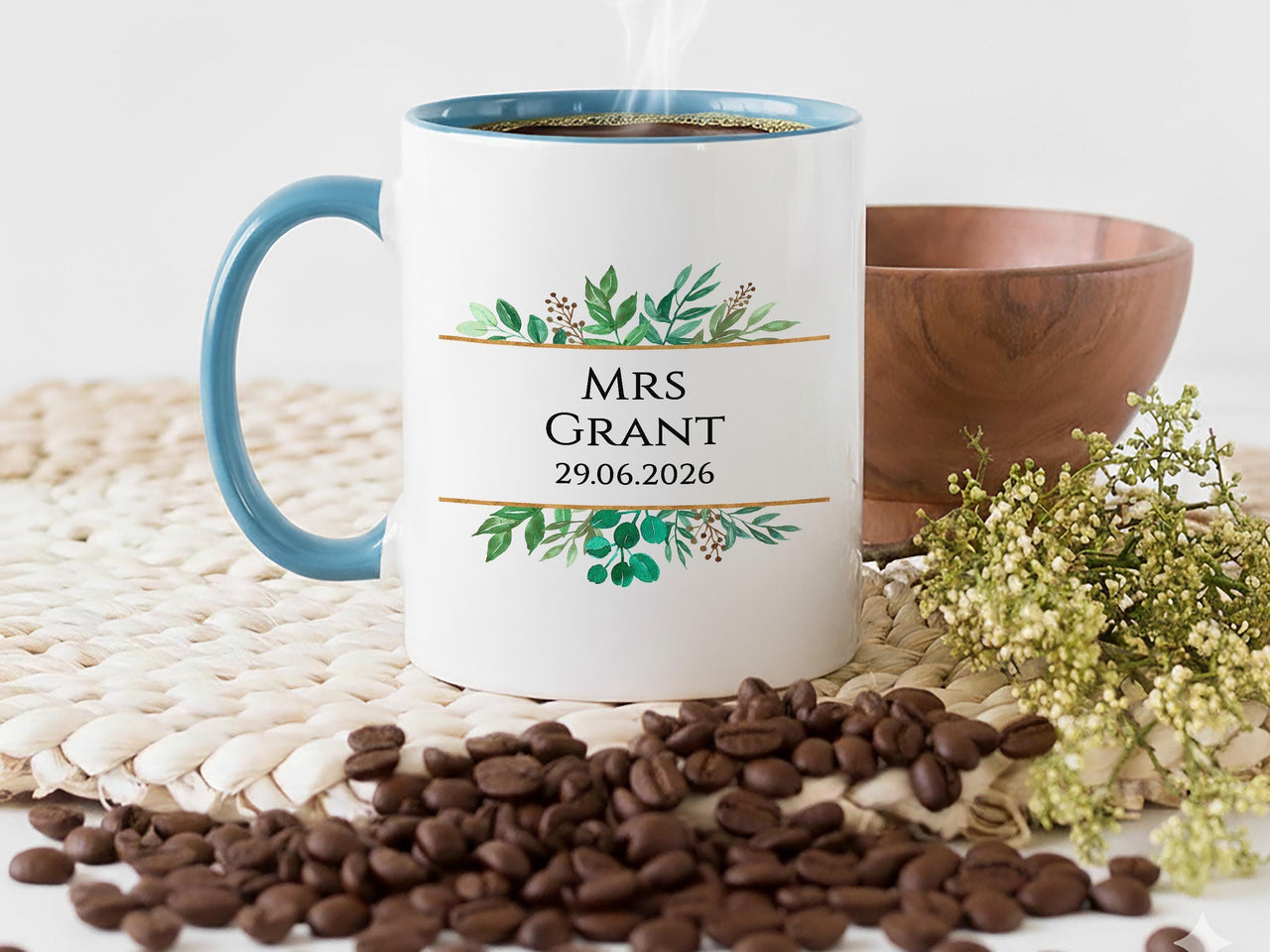 Mrs Wedding Date Personalised Mug – Surname and Exact Date with Greenery – Bride Morning, Bridal Shower and Newlywed Keepsake