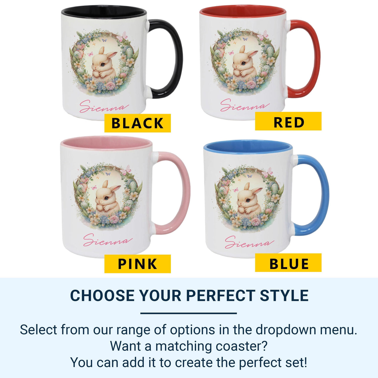 Personalised Easter Name Mug – Bunny with Floral Wreath, Eggs and Butterflies – Kids’ Spring Basket and Egg Hunt Gift