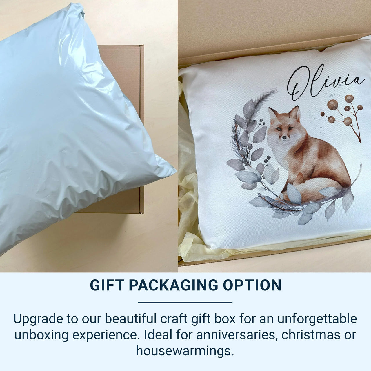 Personalised Fox Cushion – Watercolour Woodland Cushion with Name | Kids Nursery Pillow