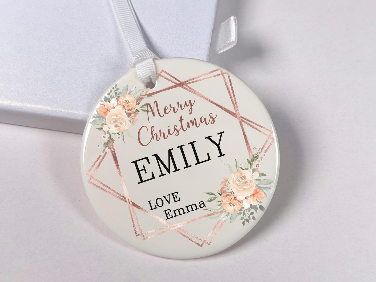 Floral Xmas Ornament - Elegant Keepsake with Names for Couples, Friends & Family Gifting