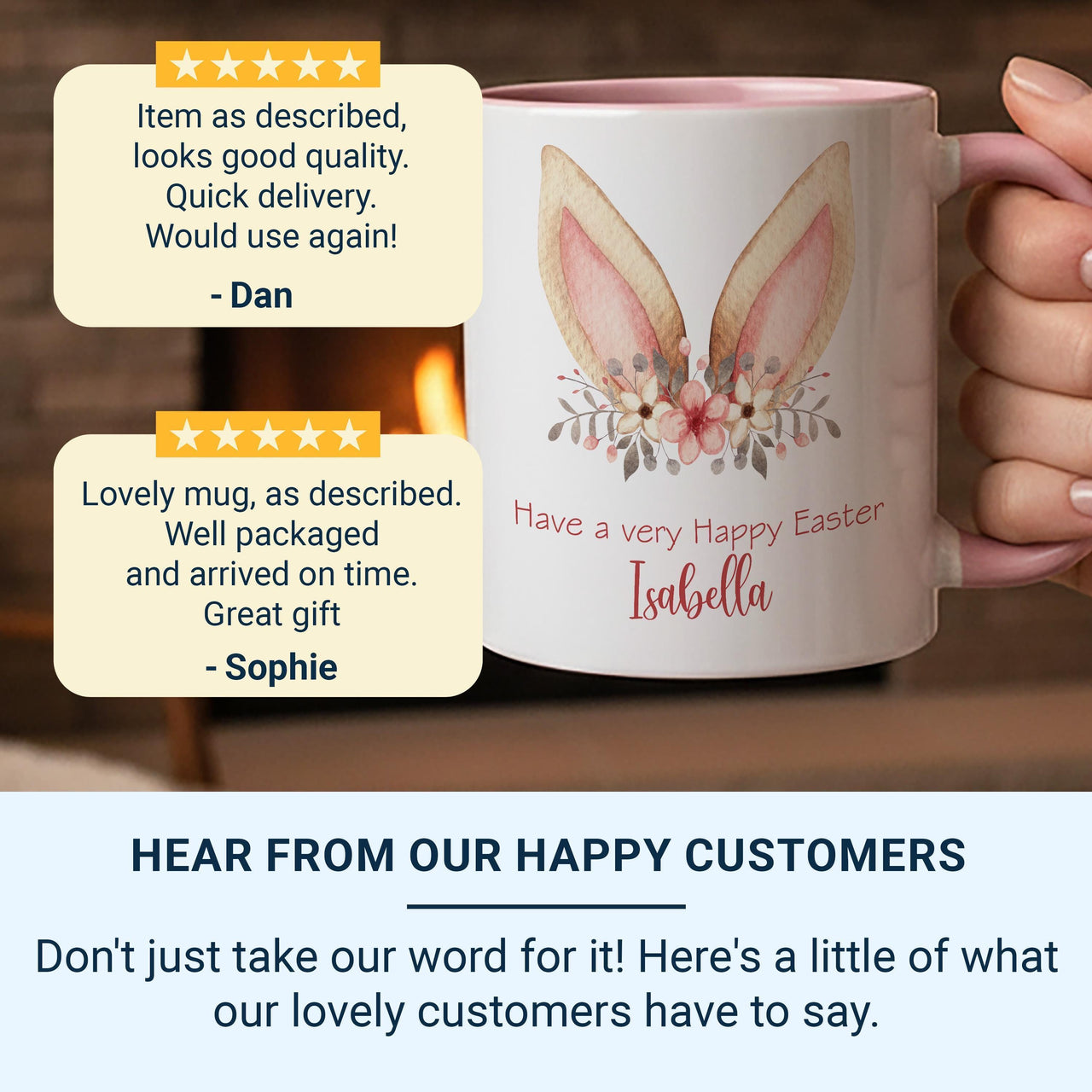 Have a Very Happy Easter Personalised Mug – Bunny Ears with Florals and Script Name – Kids’ Spring Basket and Cocoa Gift