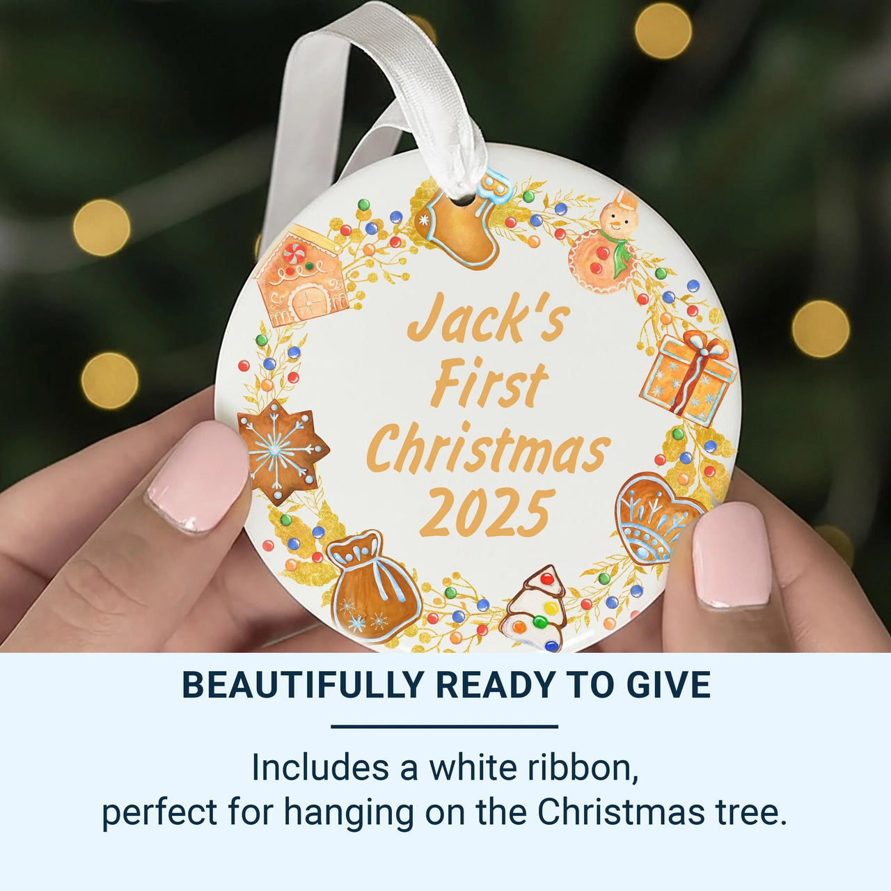 Baby First Christmas Ornament - Festive Icons Keepsake with Name & Year for Newborns