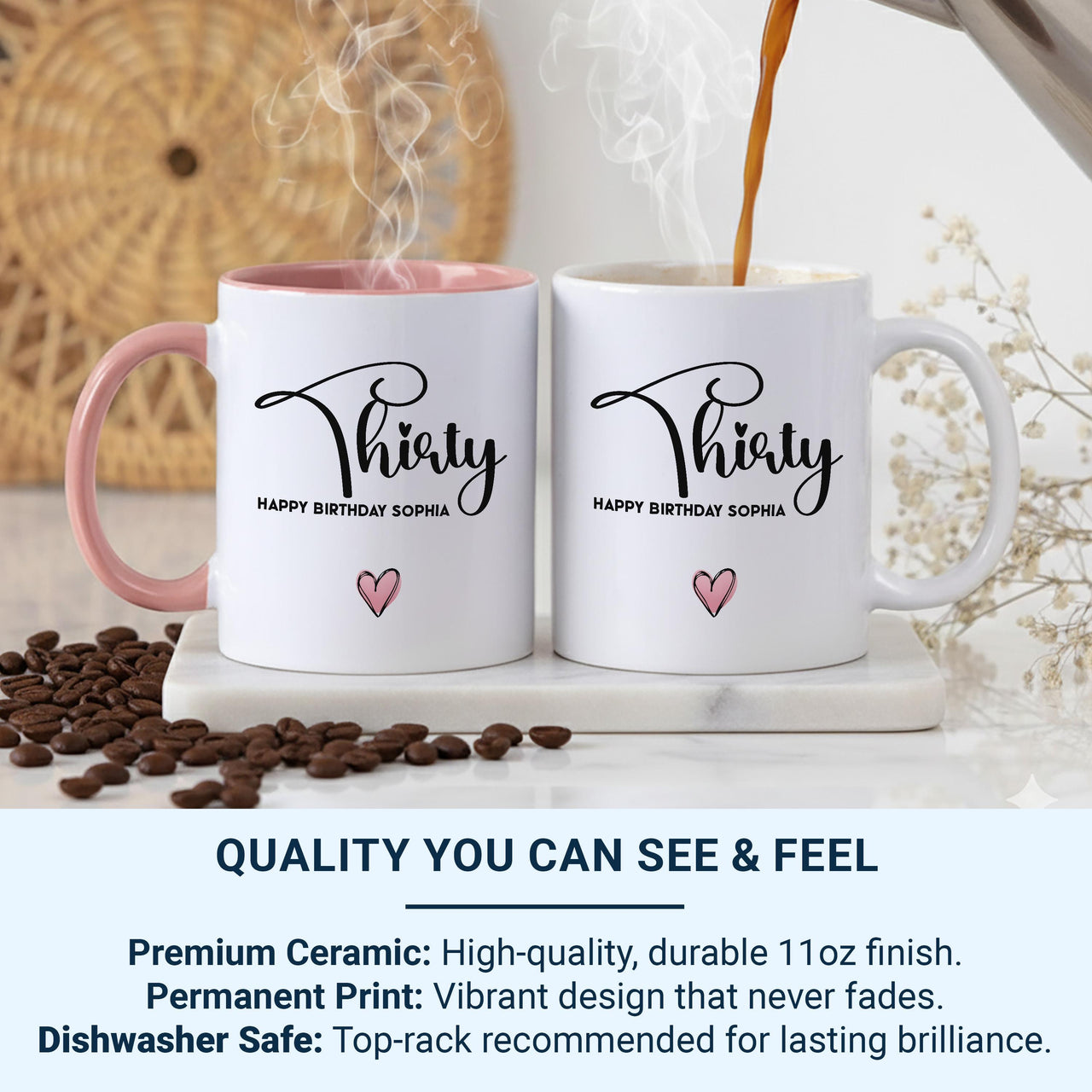 30th Birthday Mug – Personalised Name “Thirty Happy Birthday” Gift with Heart Design – Milestone Keepsake