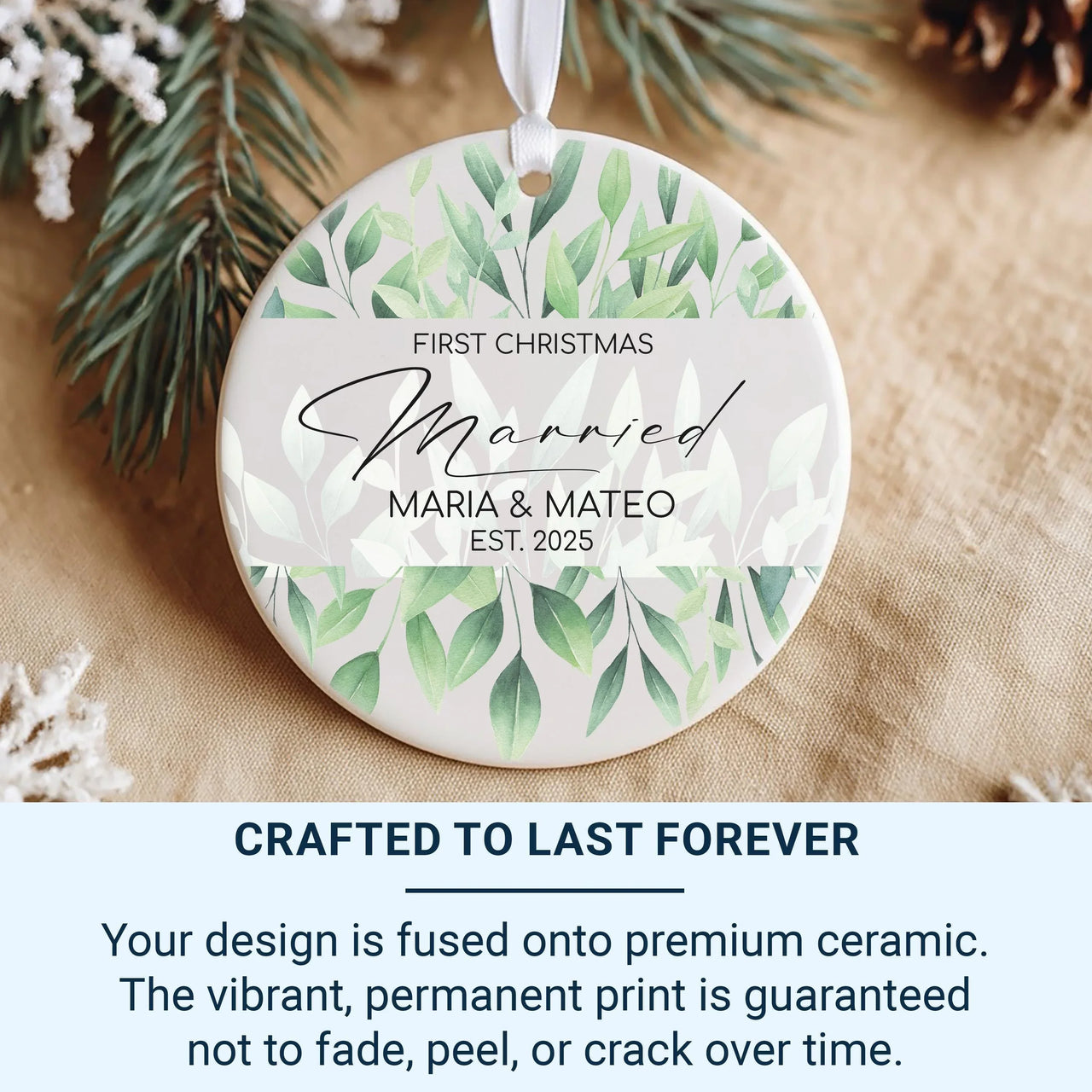 First Christmas Married Ornament - Leafy Keepsake with Names & Year for Newlyweds
