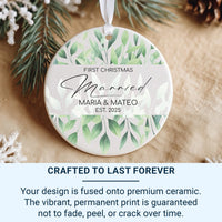 First Christmas Married Ornament - Leafy Keepsake with Names & Year for Newlyweds