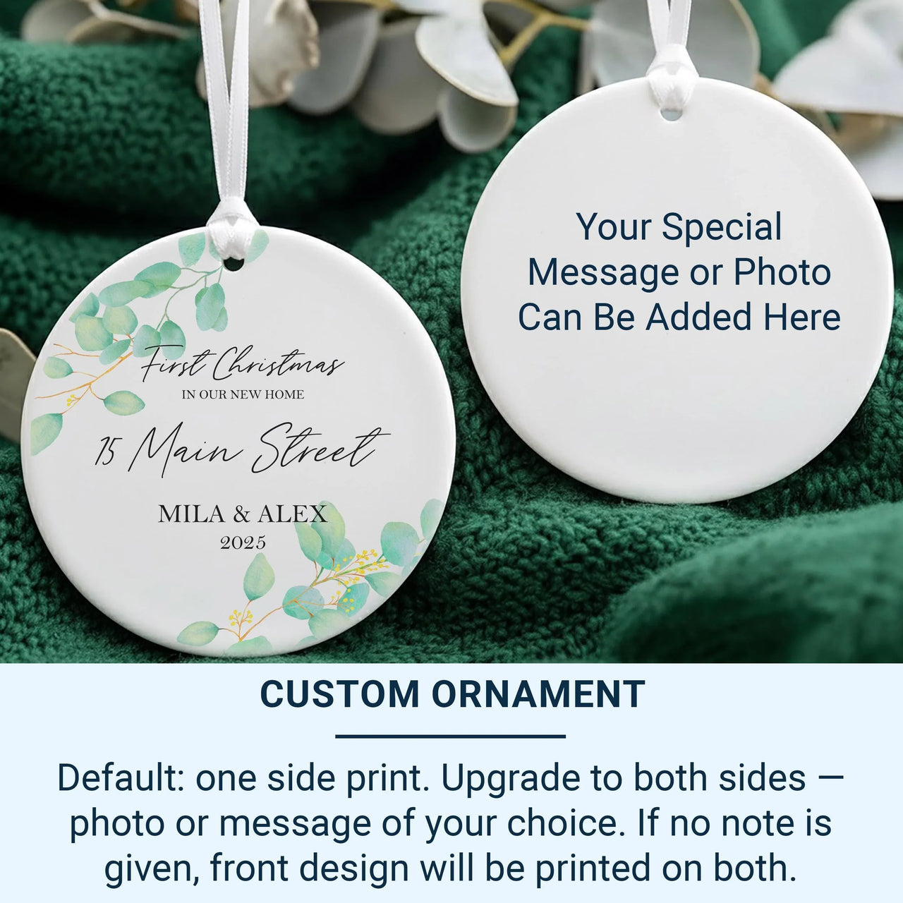 New Home Eucalyptus Ornament - First Christmas Keepsake with Address & Names