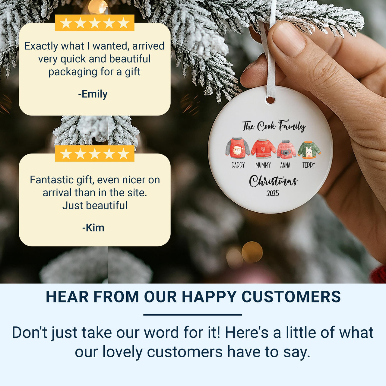Personalised Christmas Jumper Family Ornament - Ceramic Xmas Tree Bauble - Ugly Sweater Round Hanging Decoration - Family Xmas Keepsake