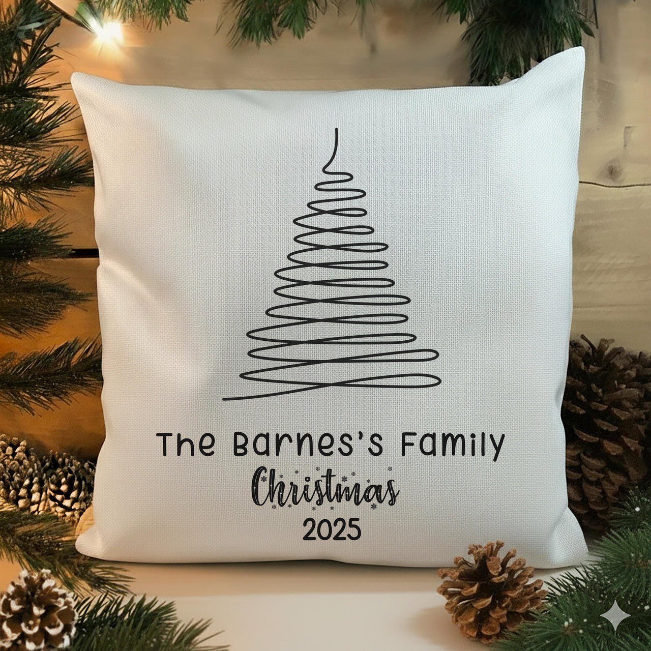 Personalised Family Christmas Cushion - Minimal Tree Design with Name & Year