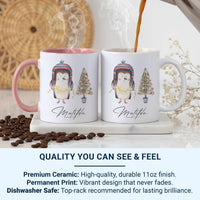 Personalised Christmas Penguin Mug – Name with Fairy Lights and Tree – Kids’ Festive Cocoa Cup and Stocking Filler