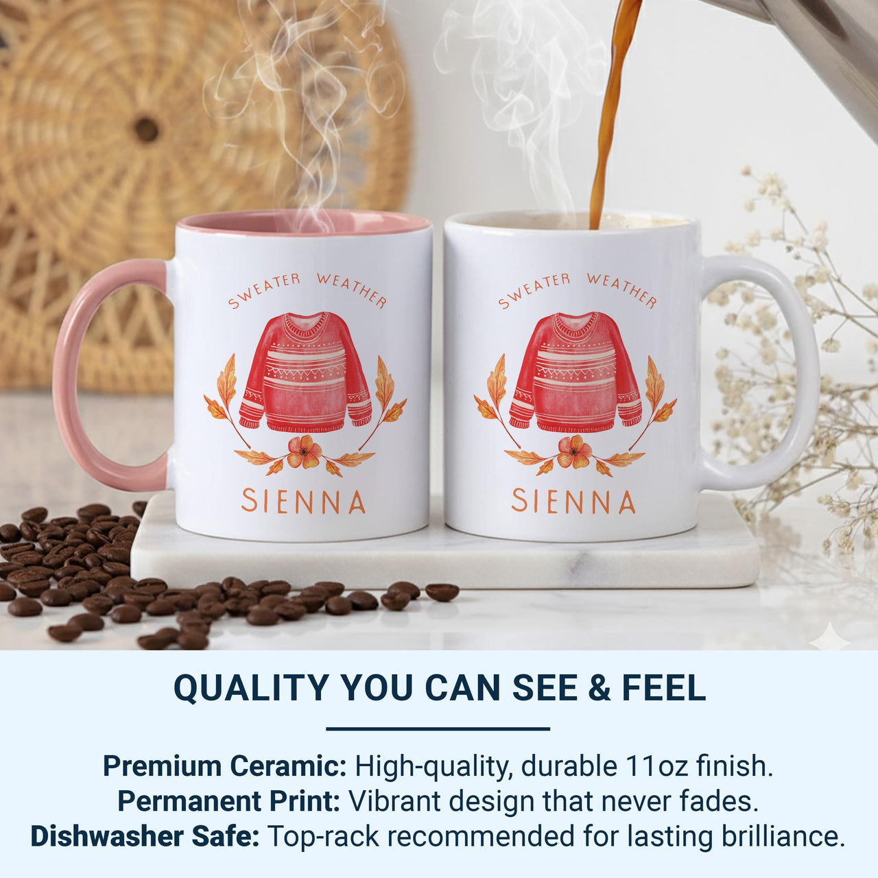 Sweater Weather Personalised Name Mug – Cosy Red Jumper Design for Autumn Lovers, Hygge Evenings and Fall Birthdays
