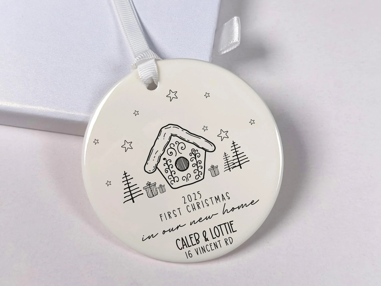 New Home Gingerbread Ornament - Line Art House Keepsake with Address & Names