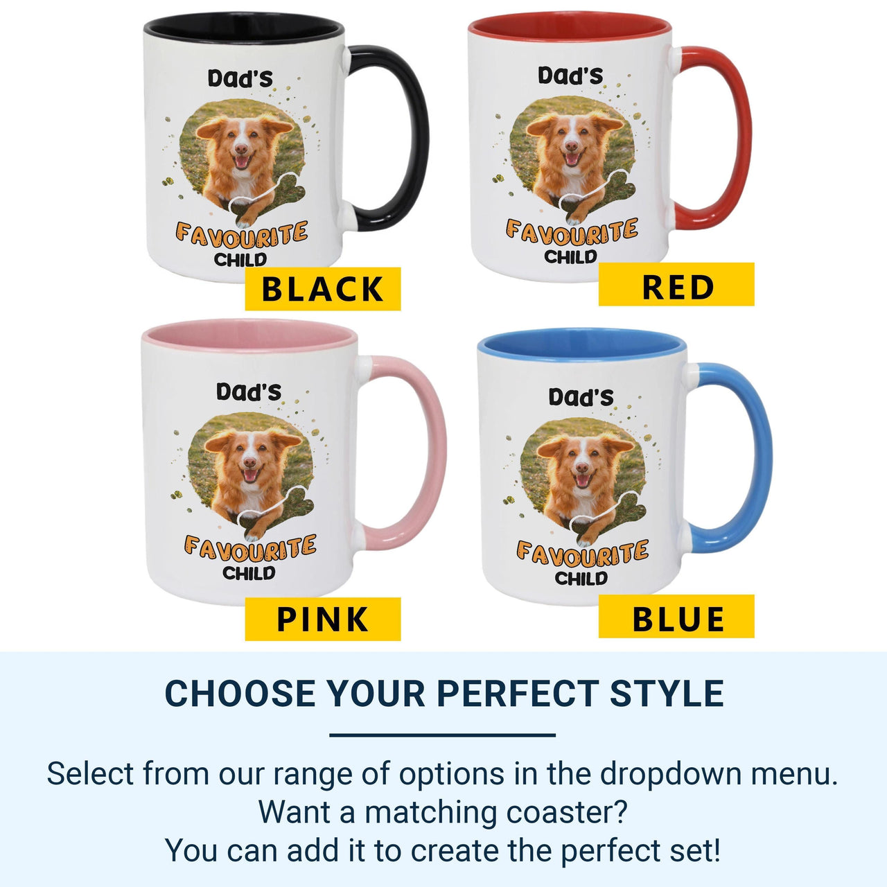 Dad’s Favourite Child Dog Mug – Personalised Pet Photo and Bone Icon – Father’s Day Dog Dad, Birthday and Pet Lover Gift