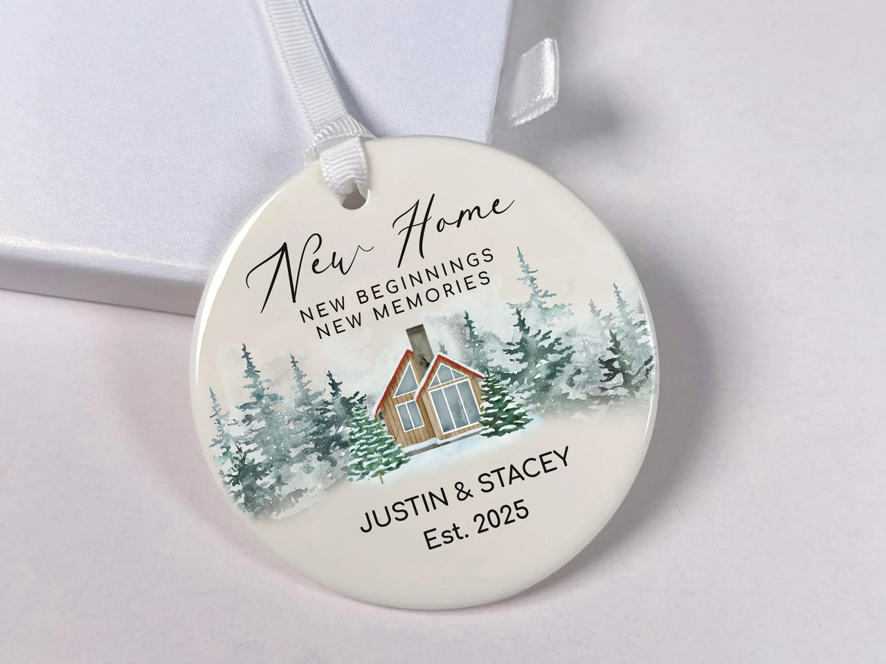 Personalised New Home Christmas Ornament 2025 - Ceramic Bauble with Names - New Beginnings, New Memories - Keepsake Hanging Gift