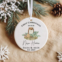 New Home Christmas Ornament - Painted House & Pine Keepsake with Names 2023