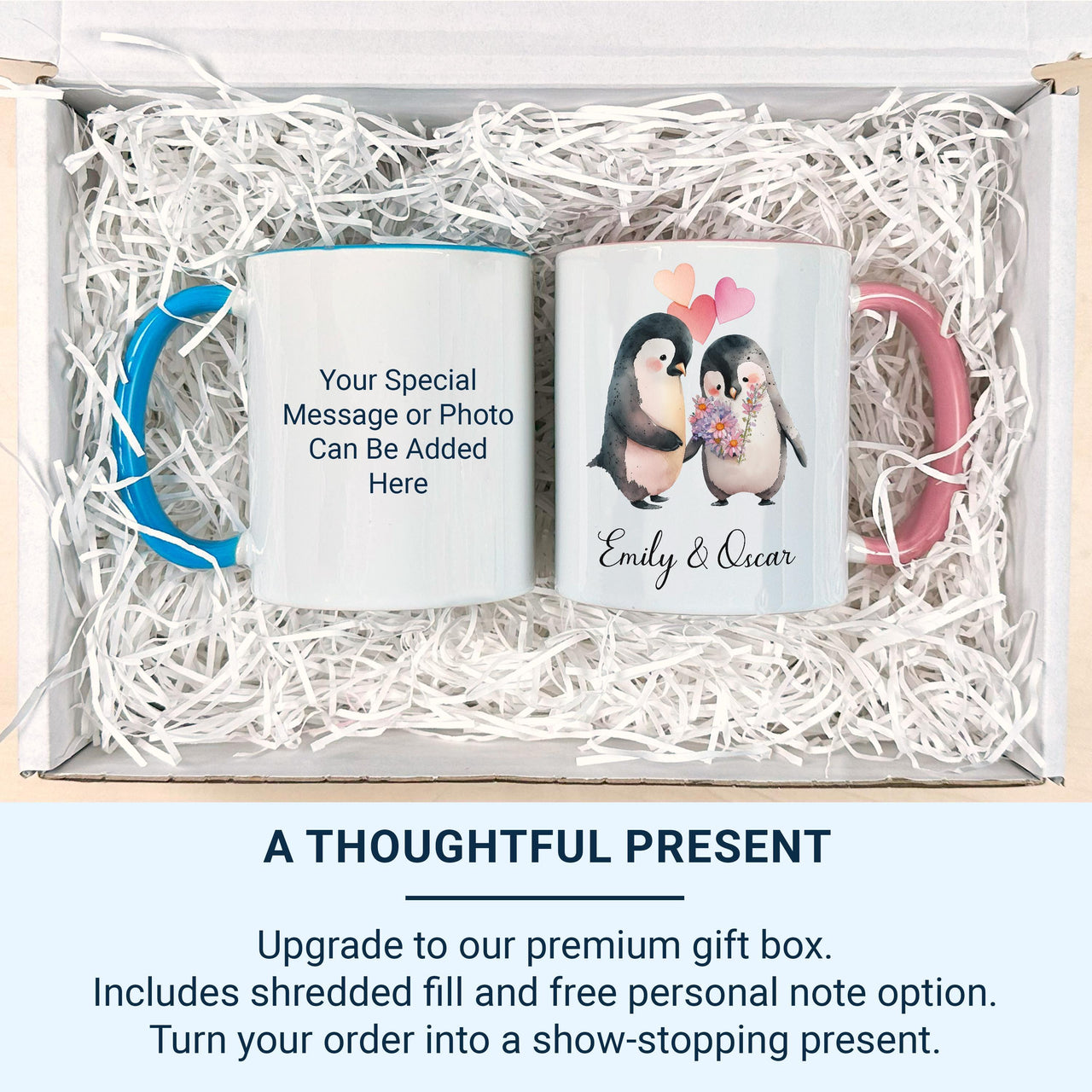 Personalised Couple Names Penguin Mug – Bouquet and Hearts – Romantic Anniversary, Engagement and Valentine Gift