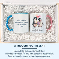 Personalised Couple Names Penguin Mug – Bouquet and Hearts – Romantic Anniversary, Engagement and Valentine Gift
