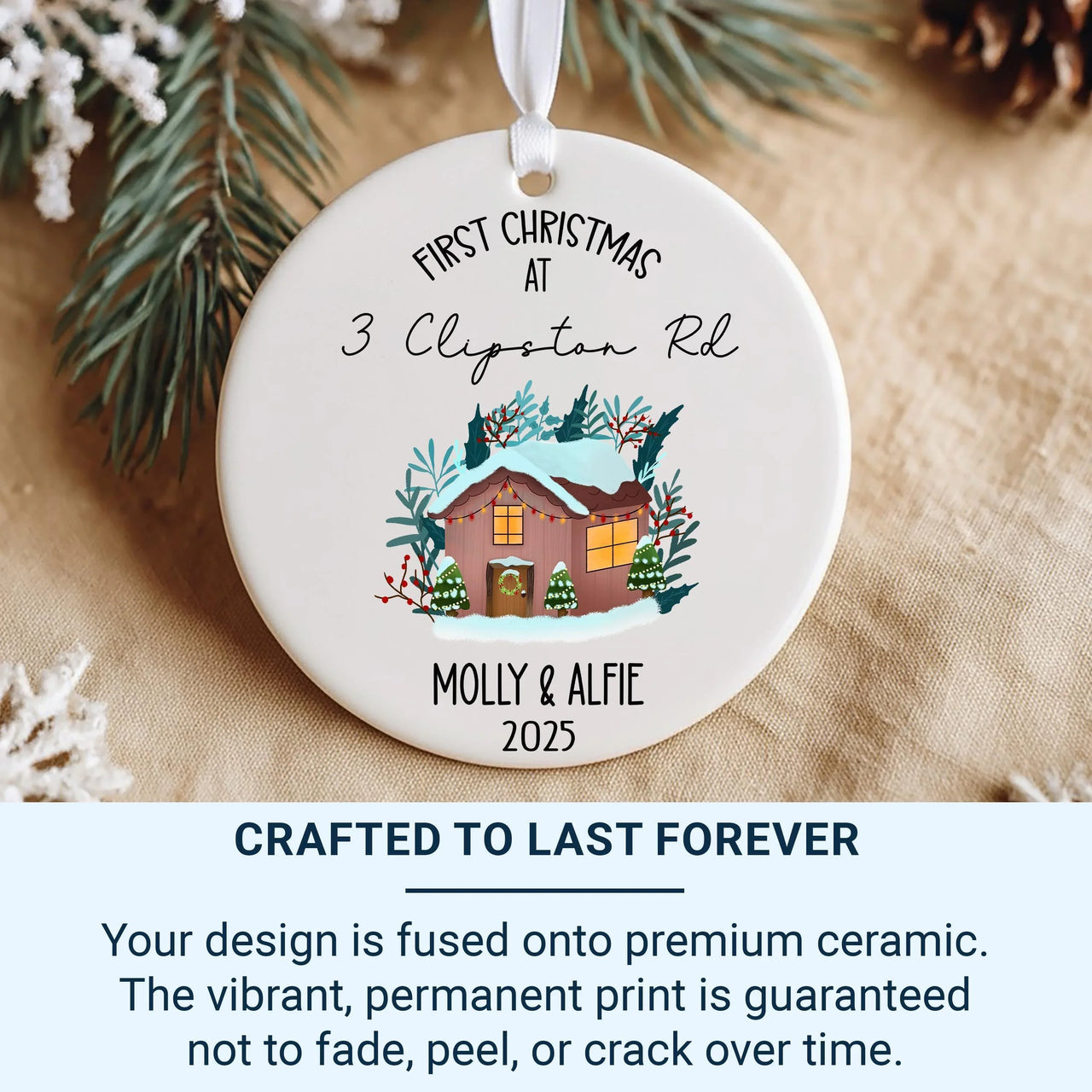 New Home Christmas Ornament 2025 - Snowy House with Address & Names