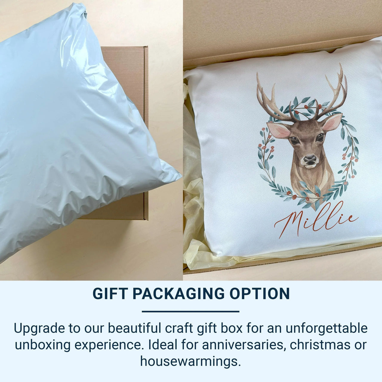Personalised Christmas Cushion – Watercolour Deer Design | Soft Touch Cover