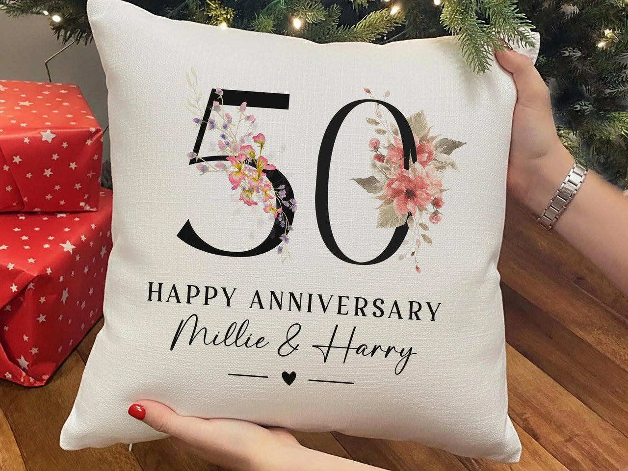 50th Anniversary Cushion – Personalised Anniversary Pillow With Golden Floral Design