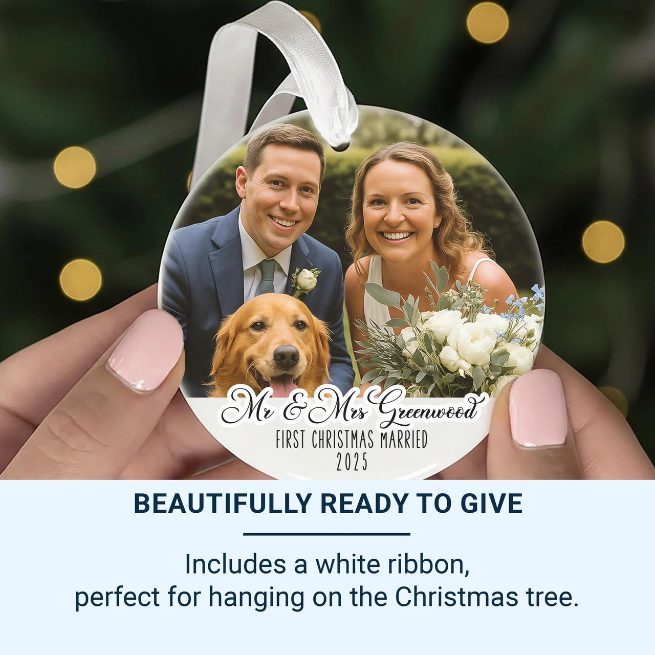 First Christmas Married Photo Ornament - Mr and Mrs Ceramic Bauble - Perfect 1st Xmas Couple Present - Unique Christmas Gift for Newlyweds