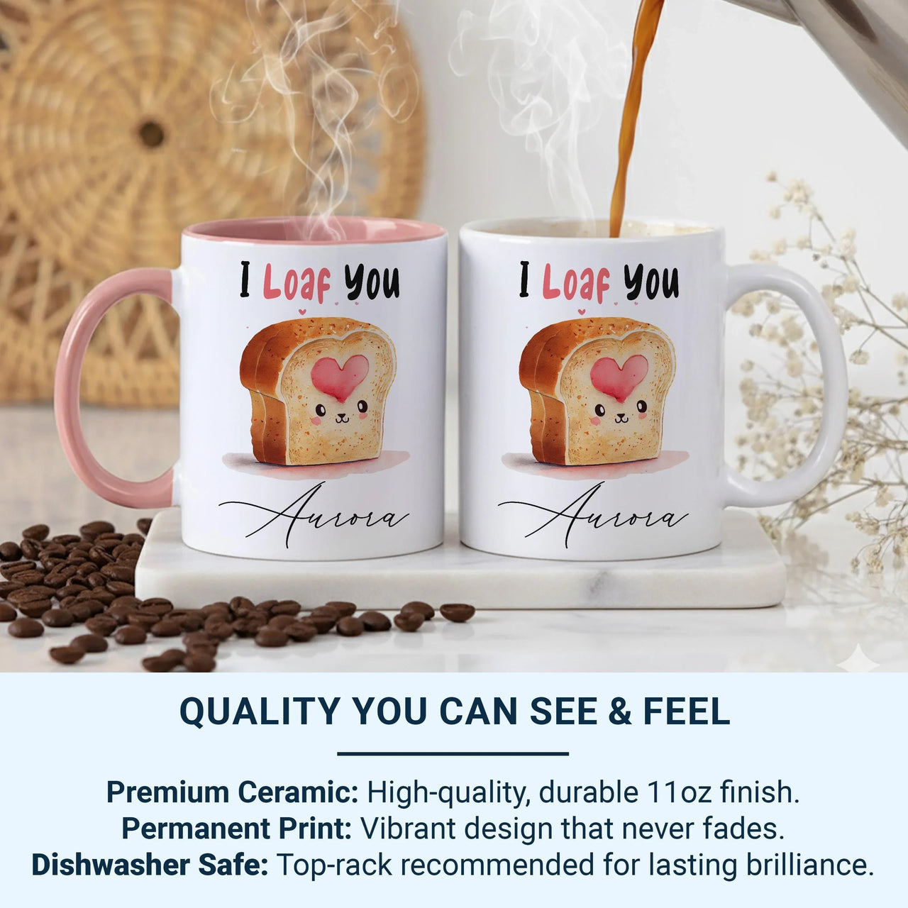 Personalised Pun Mug – Cute Bread Pun Ceramic Coffee Mug with Name – Funny Romantic Gift