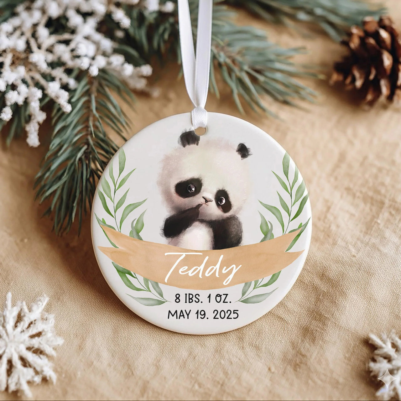 Panda Baby Birth Stats Ornament - Newborn Keepsake with Name, Date & Weight for Nursery