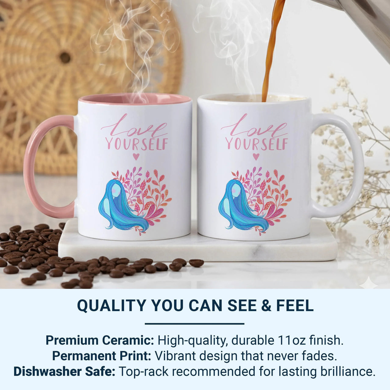 Love Yourself Mug – Motivational Ceramic Coffee Cup with Botanical Art