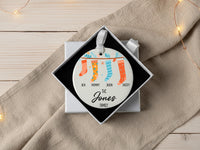 Family Christmas Ornament - Stocking Row with Four Names & Surname