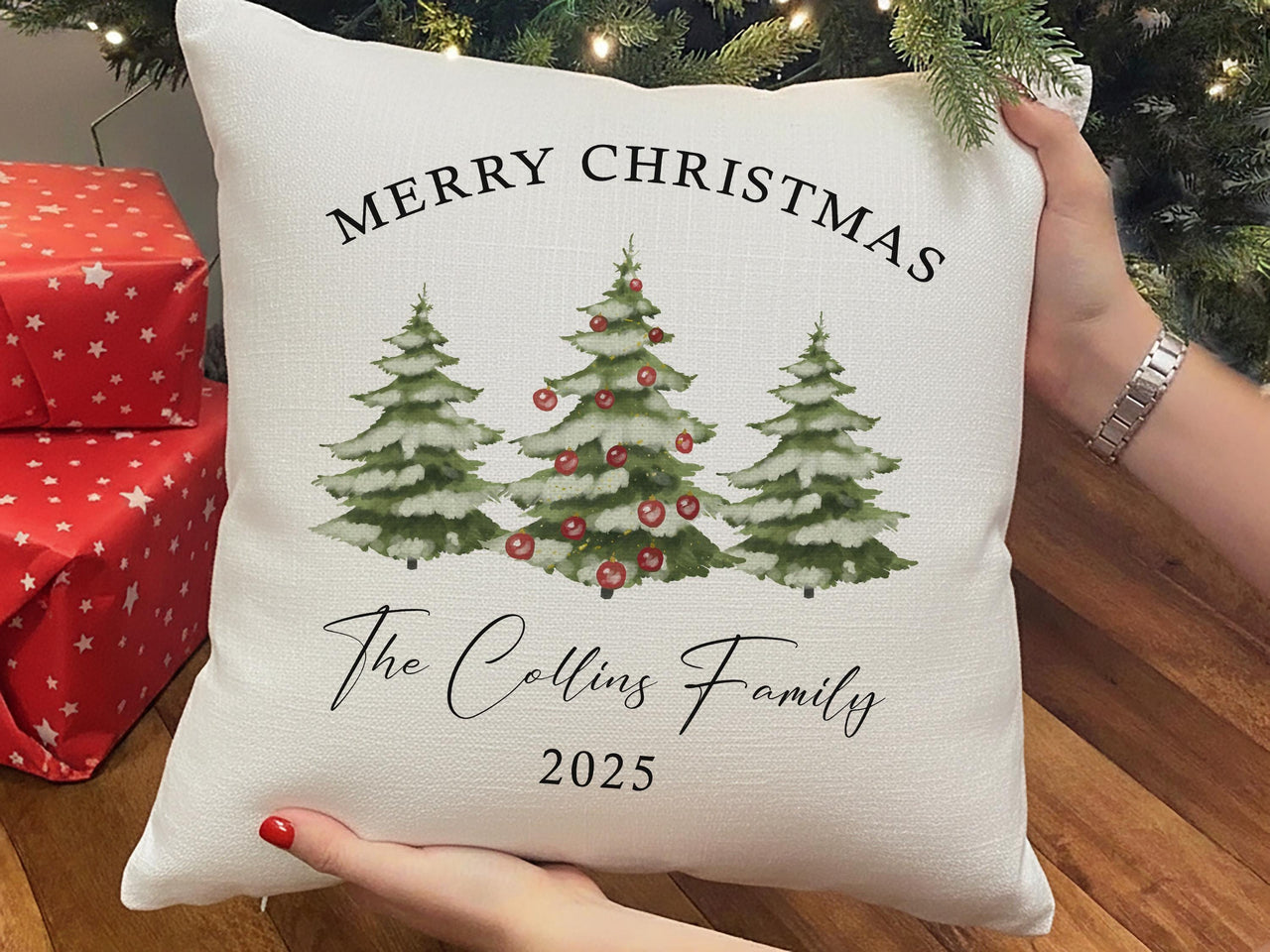 Personalised Merry Christmas Family Cushion, Christmas Trees Pillowcase, Best Present for Parents or Friends, Winter Season Xmas Home Decor