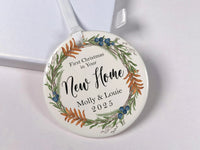 New Home Floral Ornament - First Christmas Keepsake with Wreath & Names for Couples