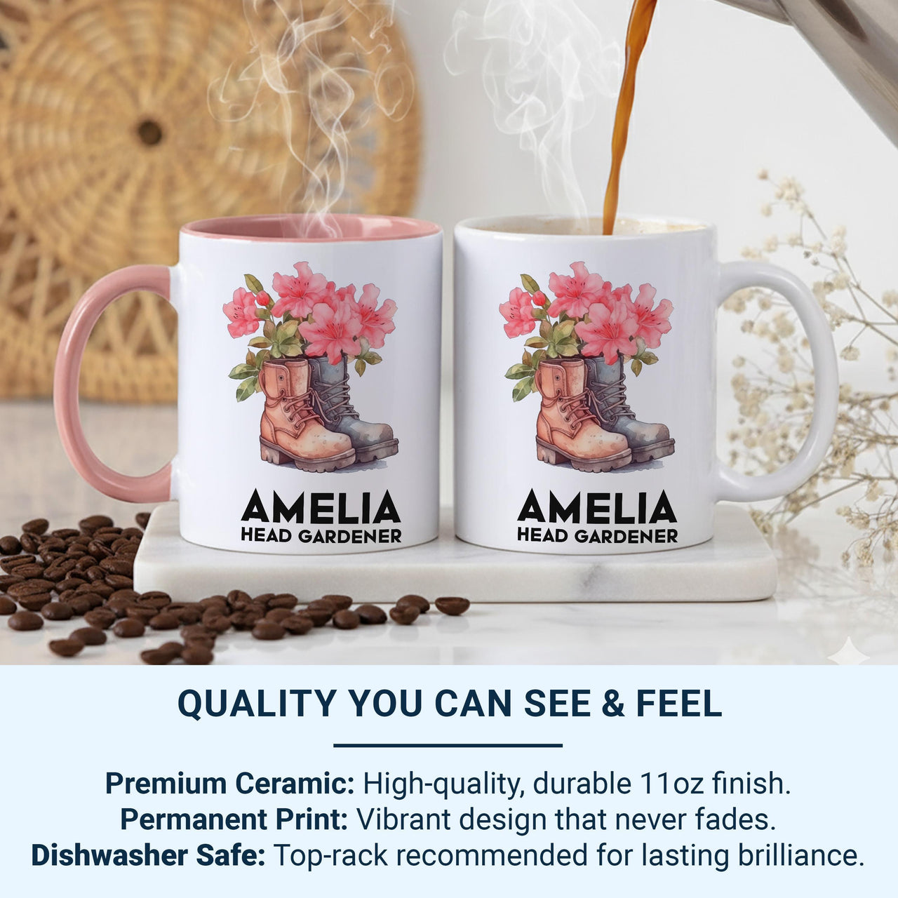 Head Gardener Personalised Mug – Name and Blooming Boots Design for Garden Lovers – Green_Thumb Thank_You and Allotment Tea