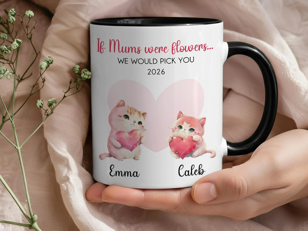 Personalised Mum Mug – Custom Mother Mug with Kids’ Names, Floral Design & Hearts