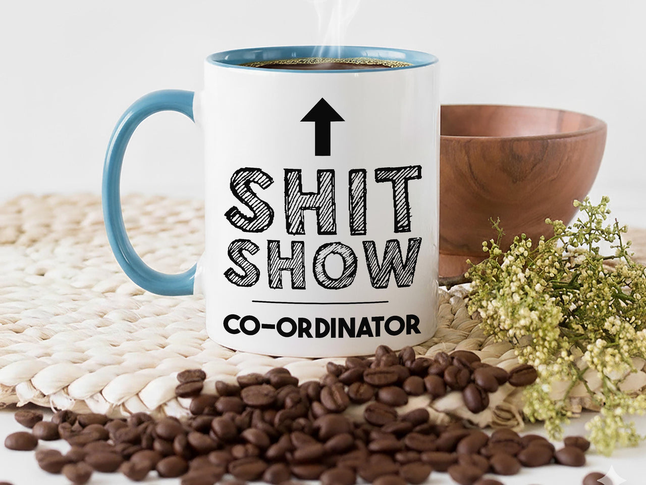 Shit Show Coordinator Mug - Funny Office Work Humour with Arrow - Manager, Team Lead and Chaos Wrangler Desk Gift