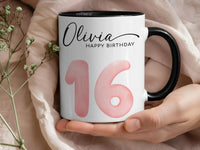 16th Birthday Personalised Mug – Script Name with Watercolour Number – Sweet Sixteen Milestone Keepsake and Party Morning Gift