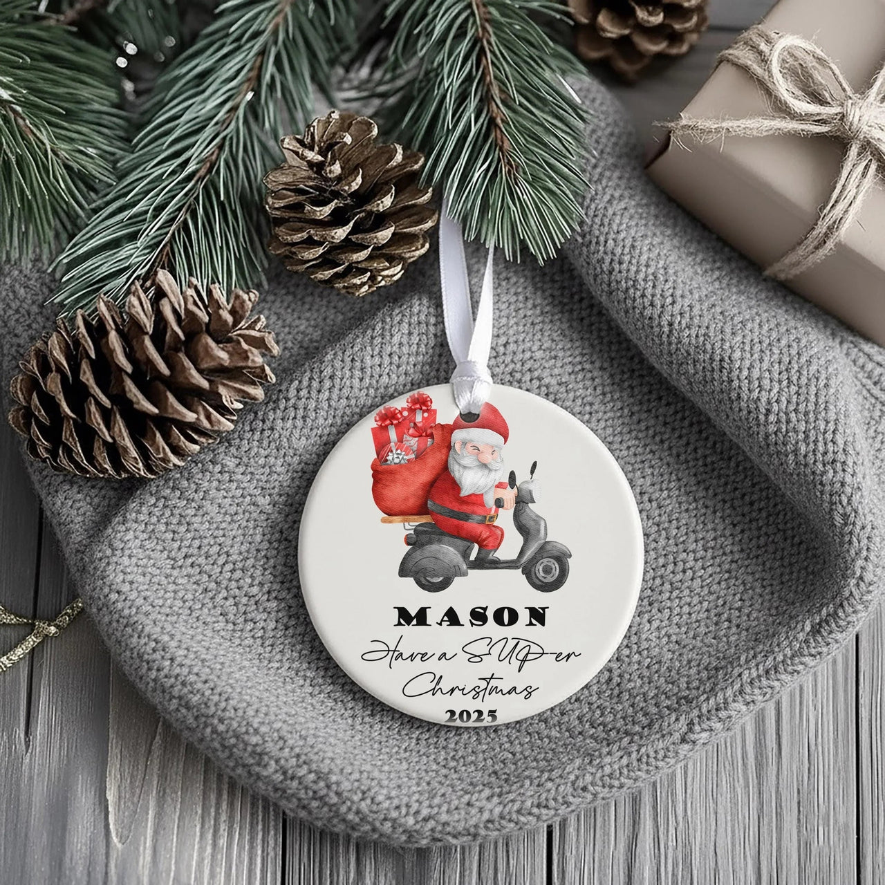 Santa Scooter Ornament - Fun Kids Keepsake with Name for Christmas Tree 2025