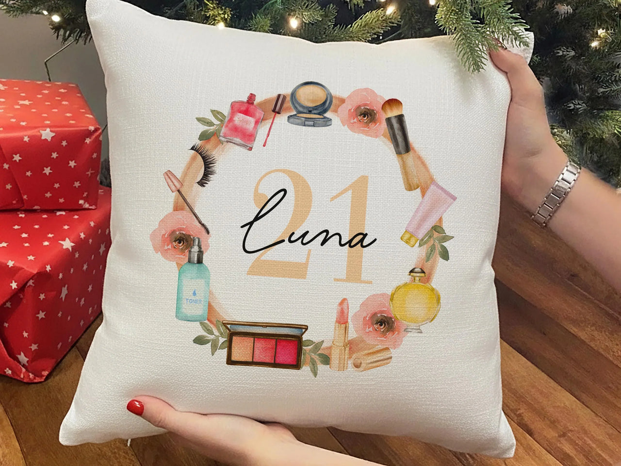 Personalised 21st Birthday Cushion - Stylish Floral Milestone Gift with Makeup Design