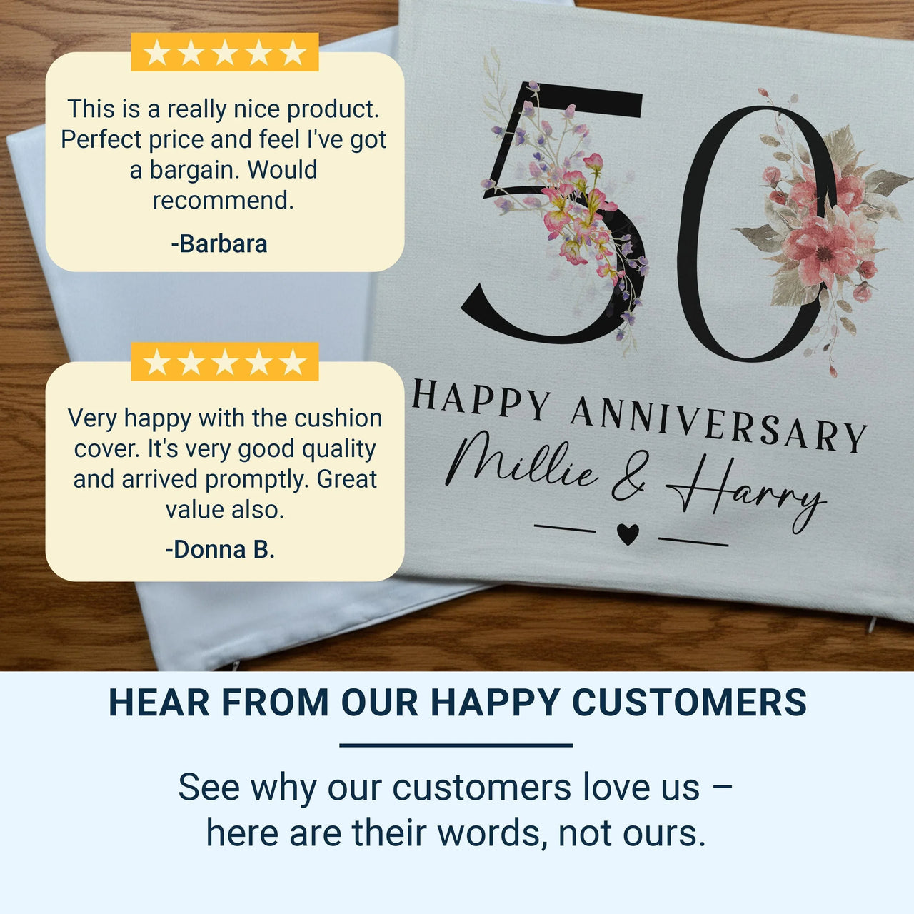 50th Anniversary Cushion – Personalised Anniversary Pillow With Golden Floral Design