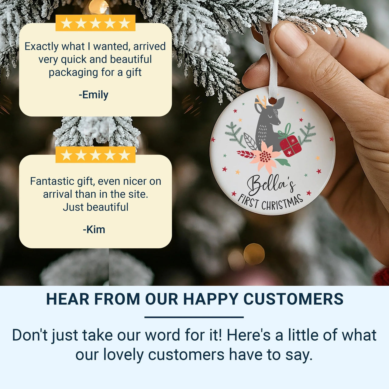 Baby First Christmas Ornament - Deer & Poinsettia Keepsake with Name