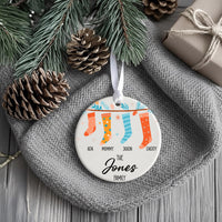 Family Christmas Ornament - Stocking Row with Four Names & Surname